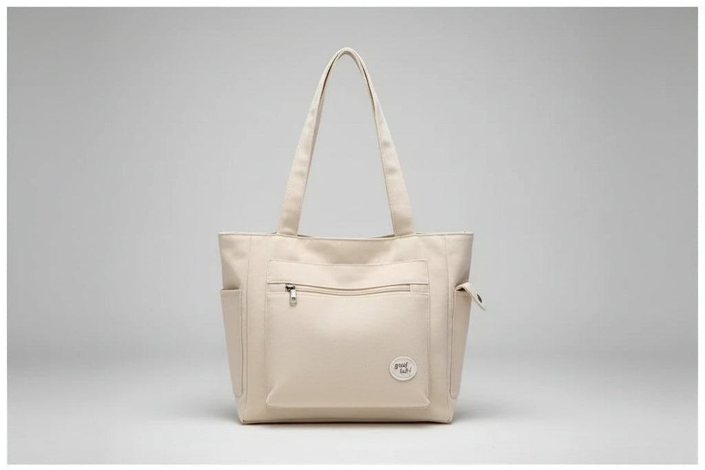 Beige tote bag on denim jacket with phone and clear glass bottle