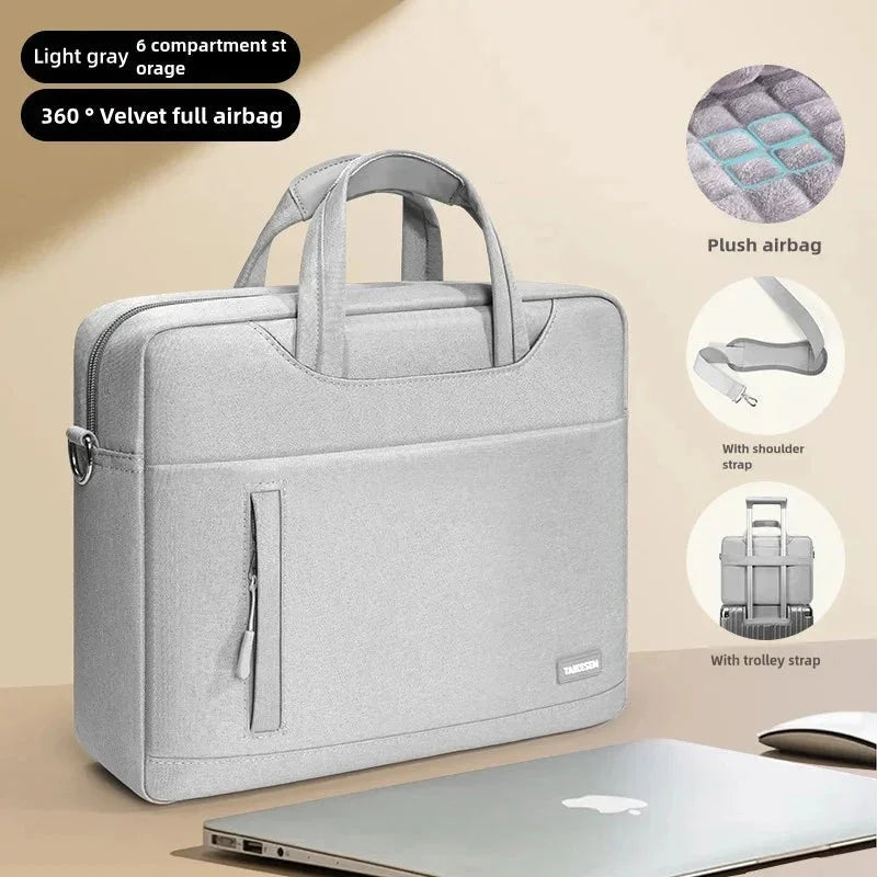 Light gray laptop bag with features highlighted on a beige background