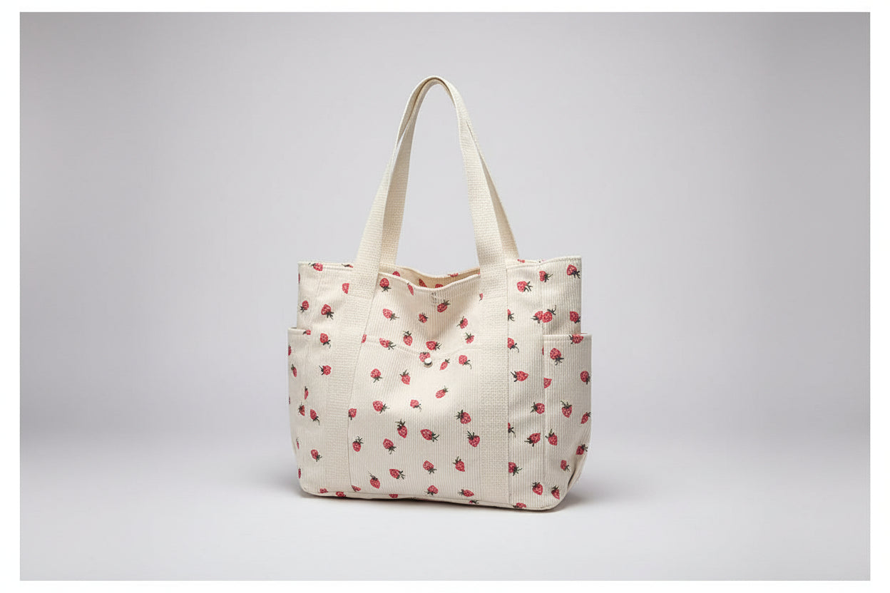 Beige tote bag with red floral pattern on a surface near a window.