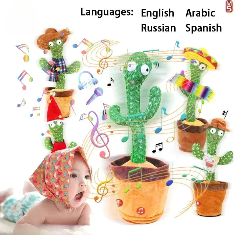 Plush dancing cactus toys with a baby and text indicating languages supported.