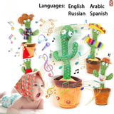Plush dancing cactus toys with a baby and text indicating languages supported.