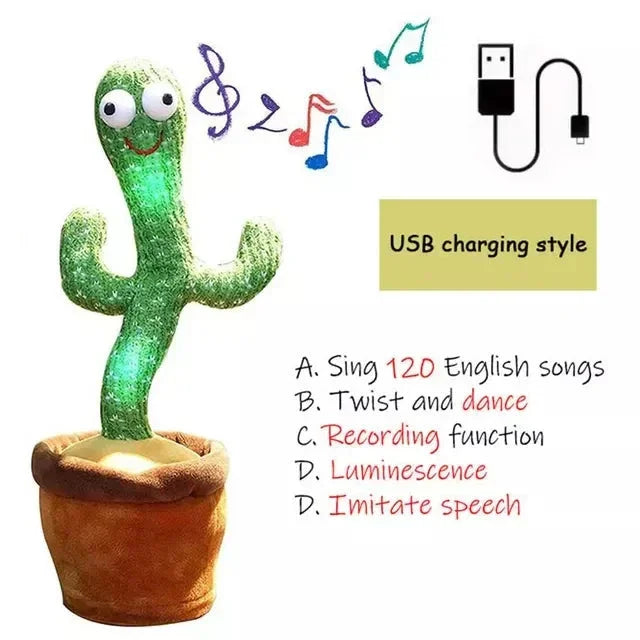 Toy cactus with USB charging style, singing capabilities, and luminescence on a white background.
