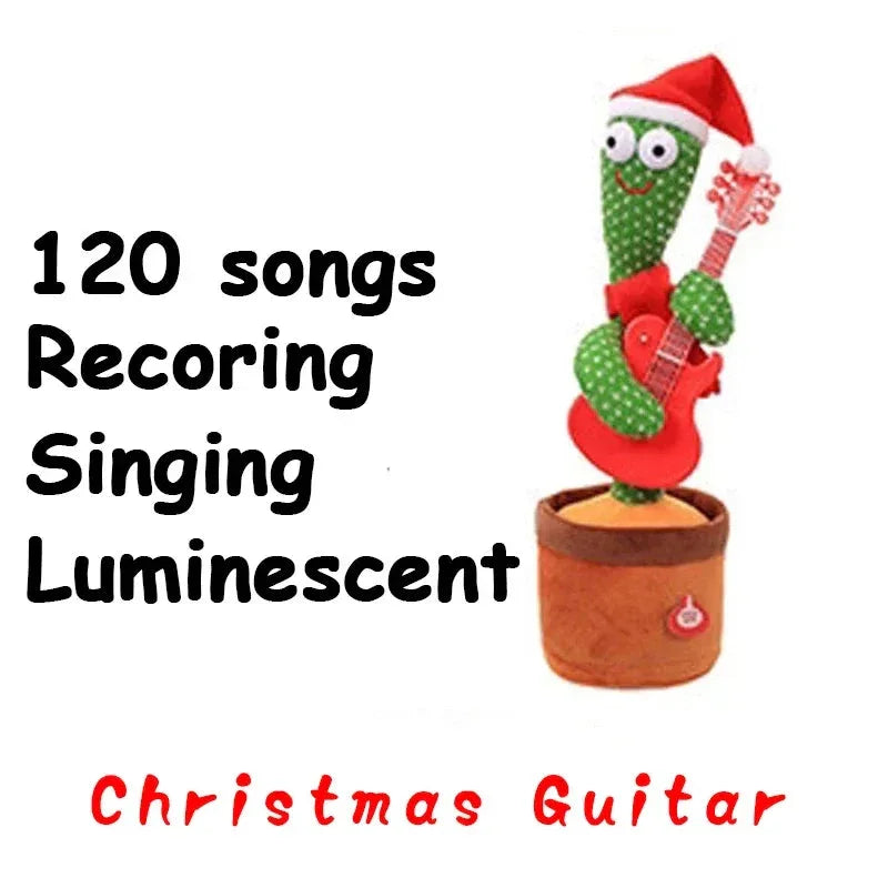 Toy Christmas guitar with a green face, red hat, and red guitar, on a white background with text about song recording and luminescence.