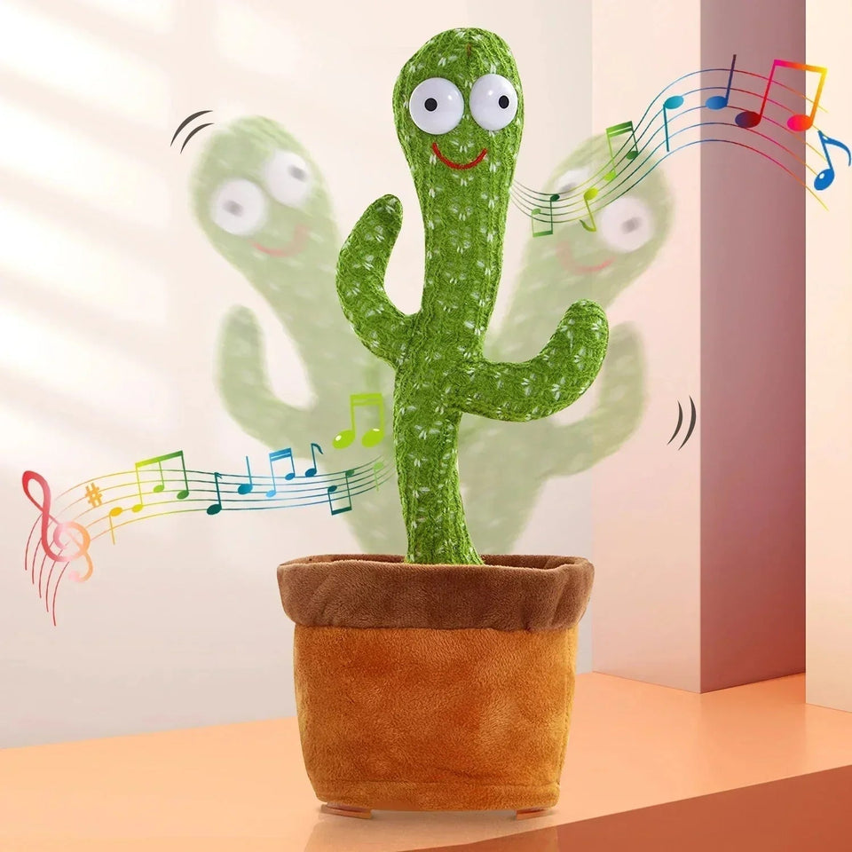 Plush cactus toy with music notes on a plain background