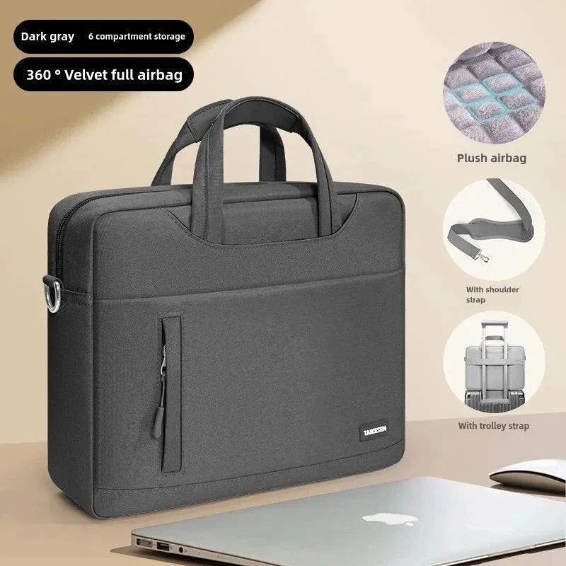 Dark gray briefcase with features highlighted on a beige background