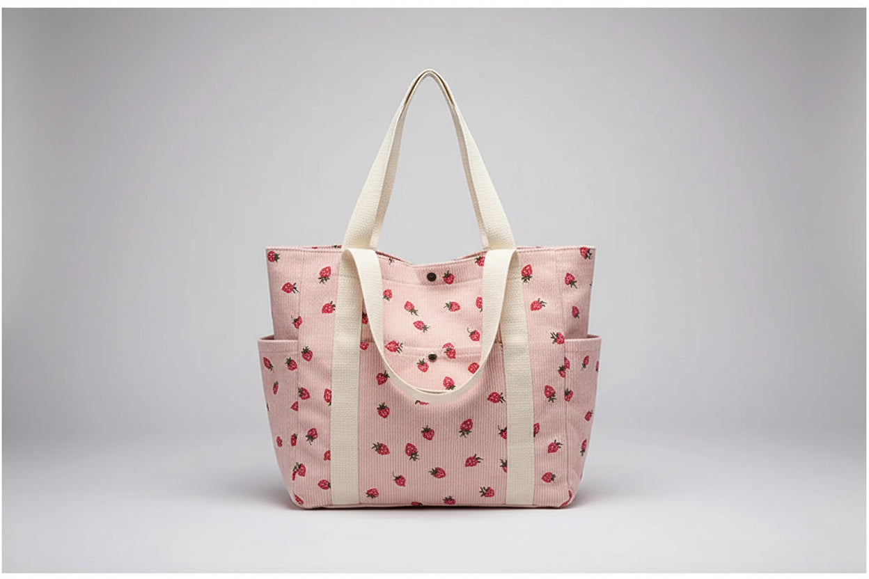 Pink tote bag with strawberry pattern on a surface near a window.