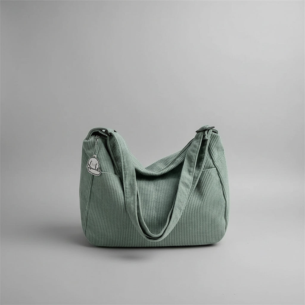 Green corduroy handbag on a white surface with blinds in the background