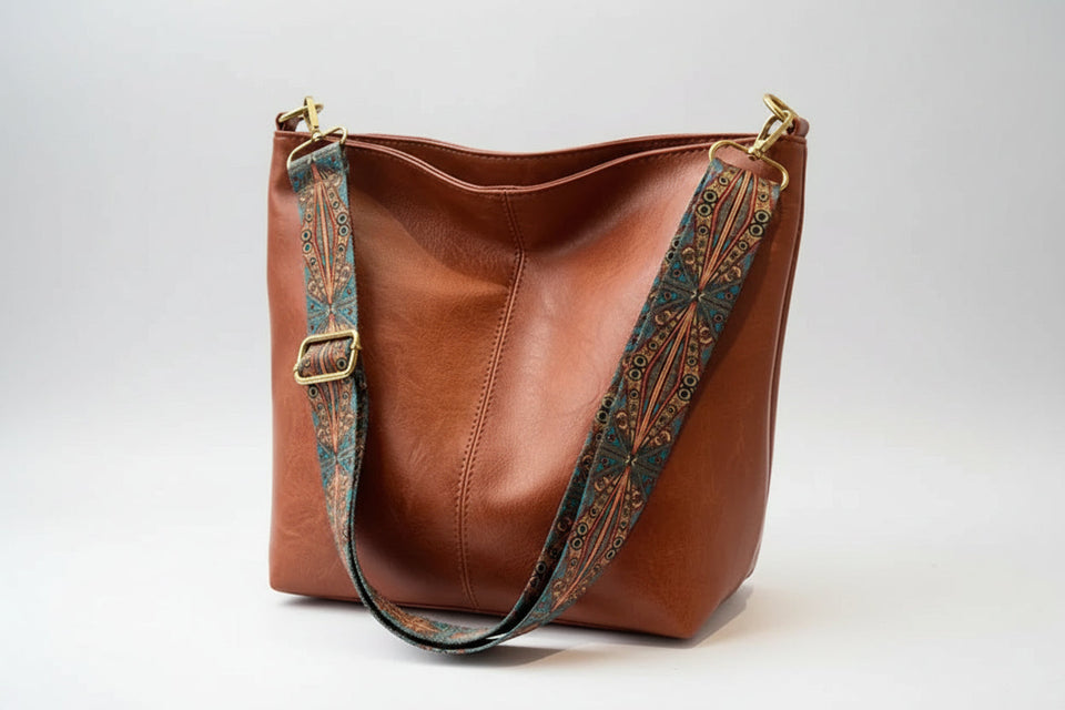 Brown leather handbag with decorative strap on a white background