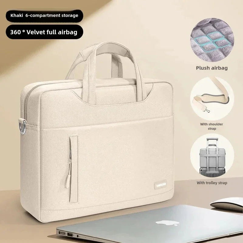 Beige briefcase with features highlighted on a beige background