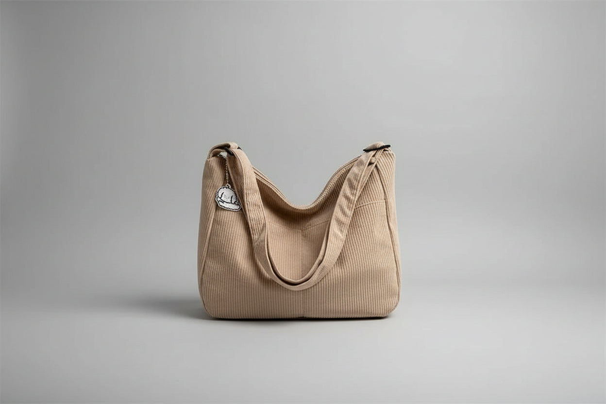 Beige corduroy handbag with a small white cat plushie on a surface with blinds in the background