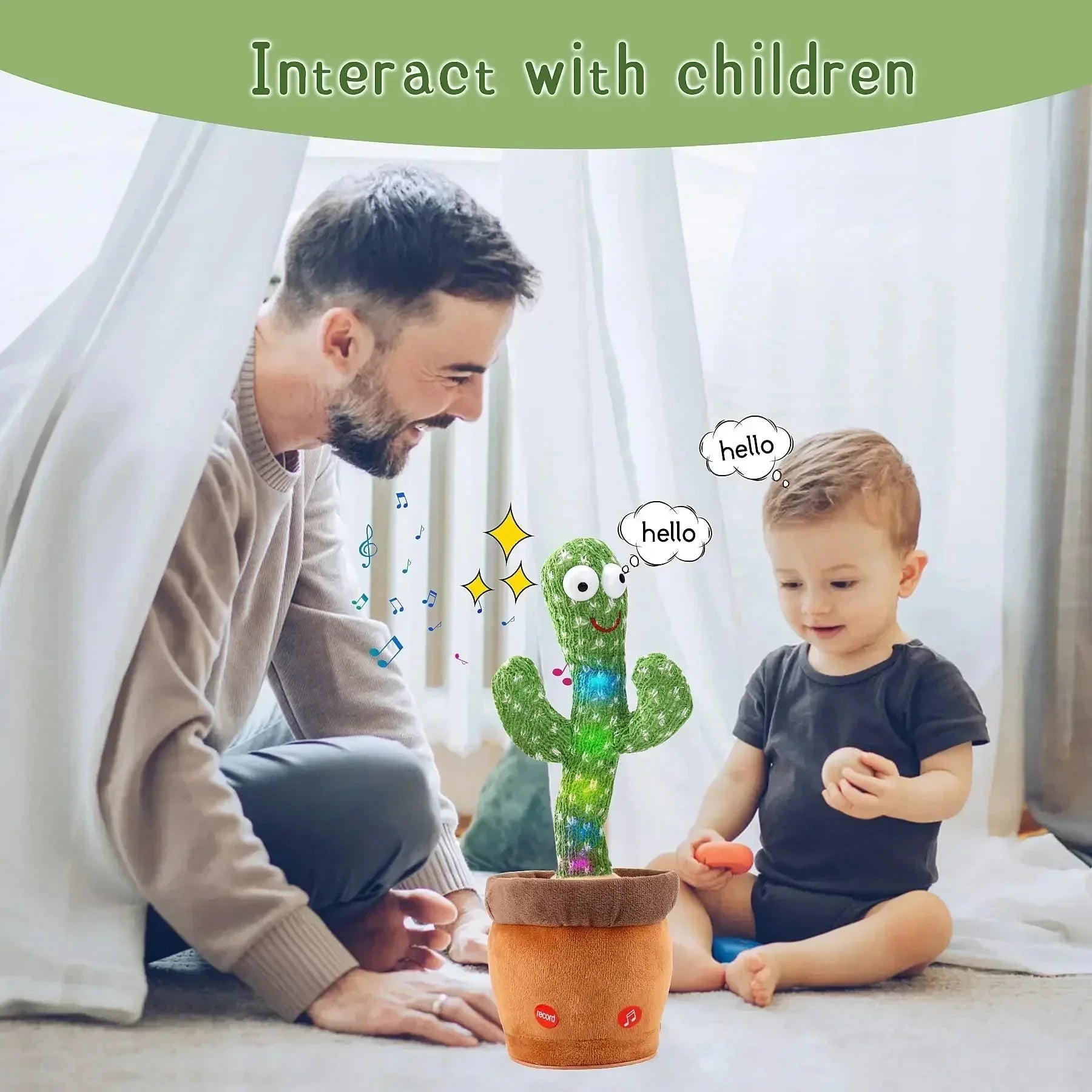 Man and child playing with a cactus-shaped toy that says 'hello'.