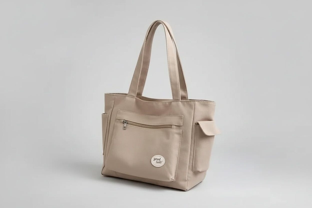 Beige handbag on a denim jacket with a white background