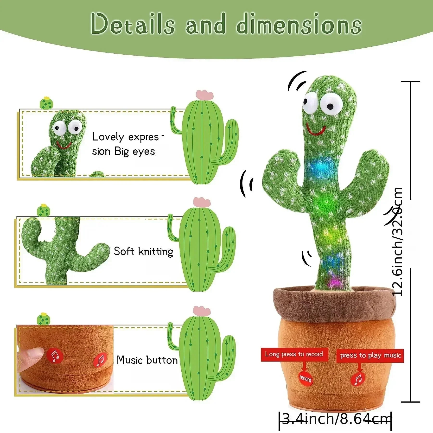 Illustrated cactus toy with features and dimensions on a white background