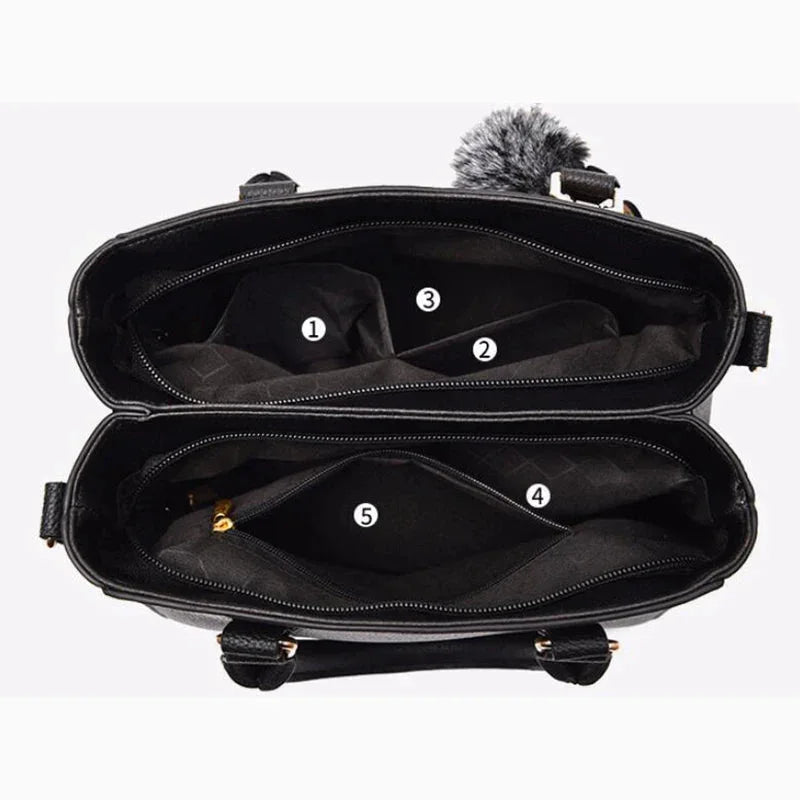 Black backpack with compartments labeled on a white background