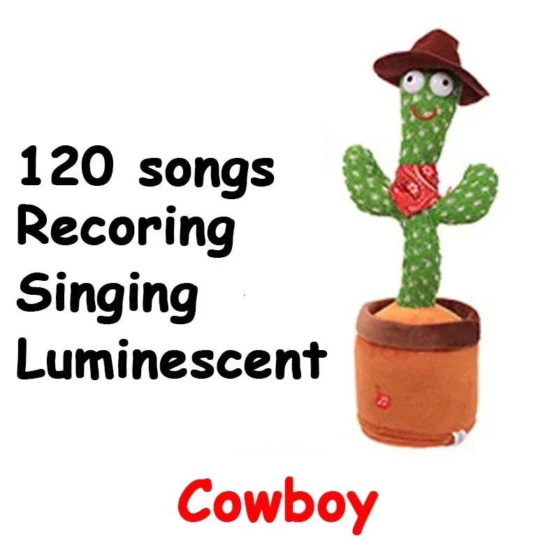 Toy cactus with cowboy hat and bandana, featuring text about song recording and luminescence.