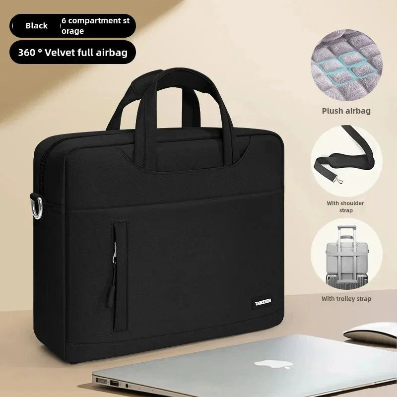 Black laptop bag with features highlighted on a beige background