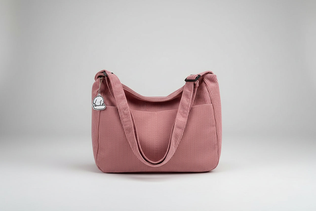 Pink corduroy bag with a patch on a bed