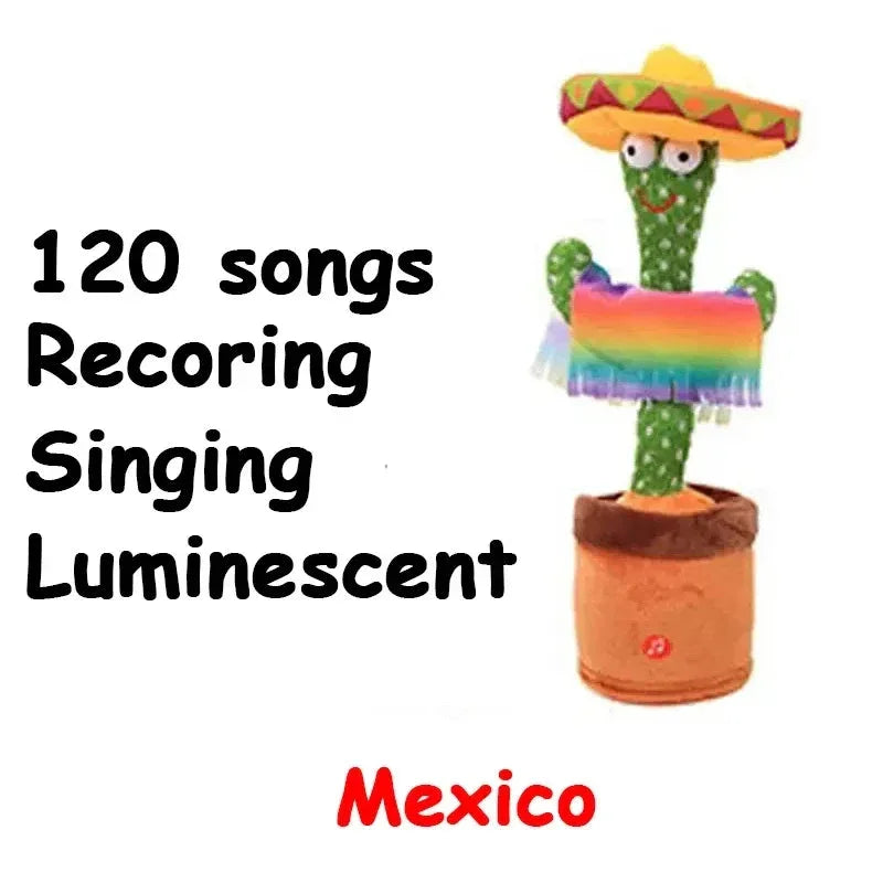 Colorful singing cactus toy with text on a white background
