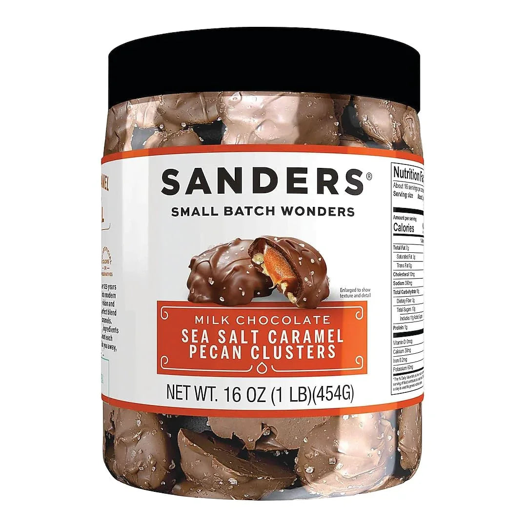 Jar of Sanders Milk Chocolate Sea Salt Caramel Pecan Clusters on a white background