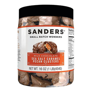 Jar of Sanders Milk Chocolate Sea Salt Caramel Pecan Clusters on a white background