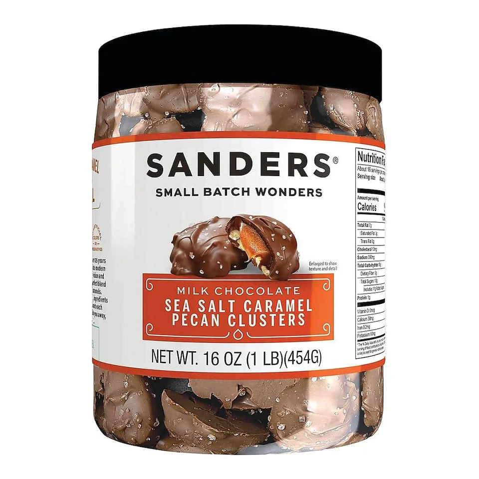 Jar of Sanders Milk Chocolate Sea Salt Caramel Pecan Clusters on a white background
