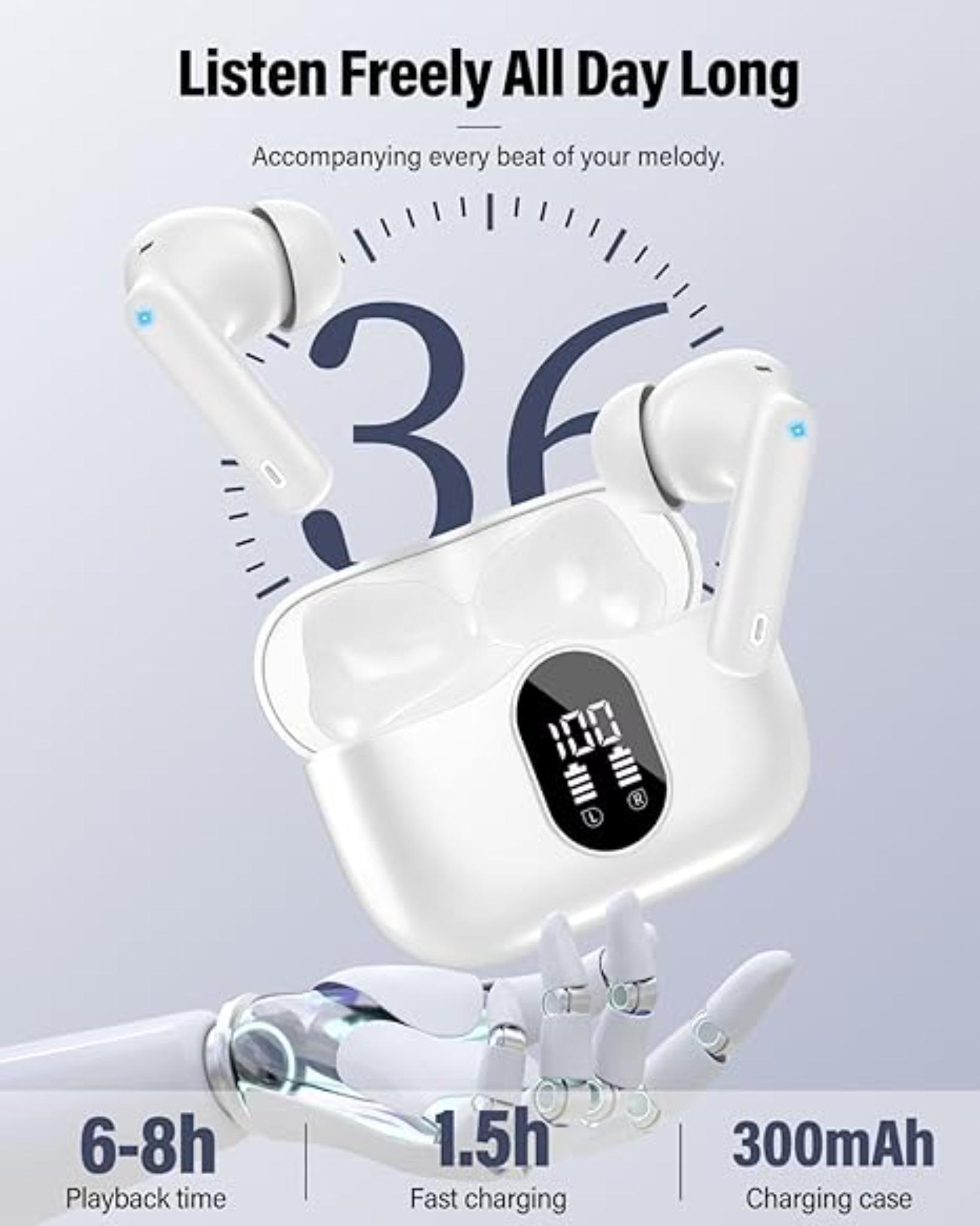 Wireless Bluetooth 5.4 Earbuds Noise Cancelling Stereo Headphones with LED Display