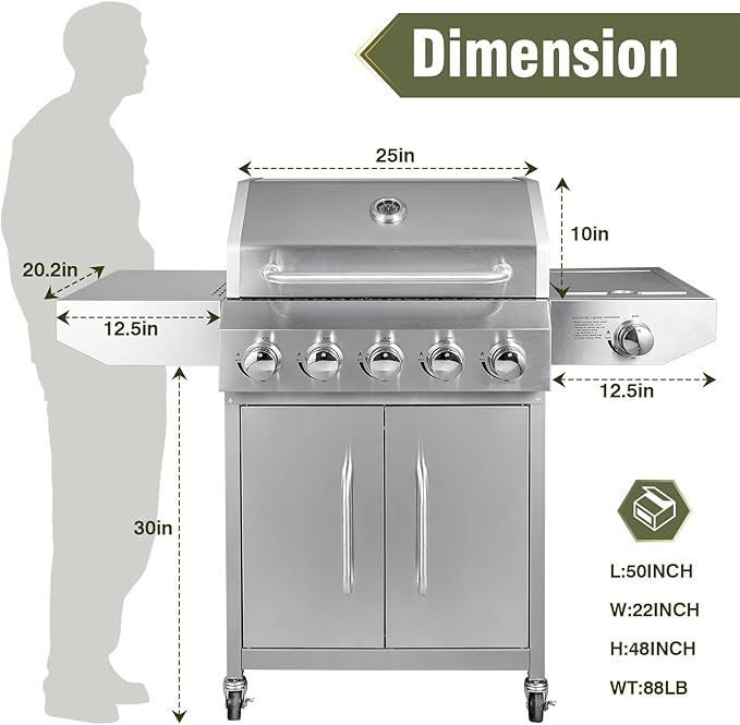 Bestfire 5-Burner Propane Gas Grill Stainless Steel Outdoor BBQ Professional Cooker