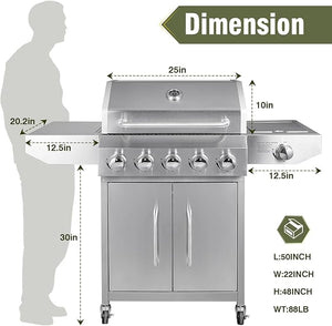 Bestfire 5-Burner Propane Gas Grill Stainless Steel Outdoor BBQ Professional Cooker