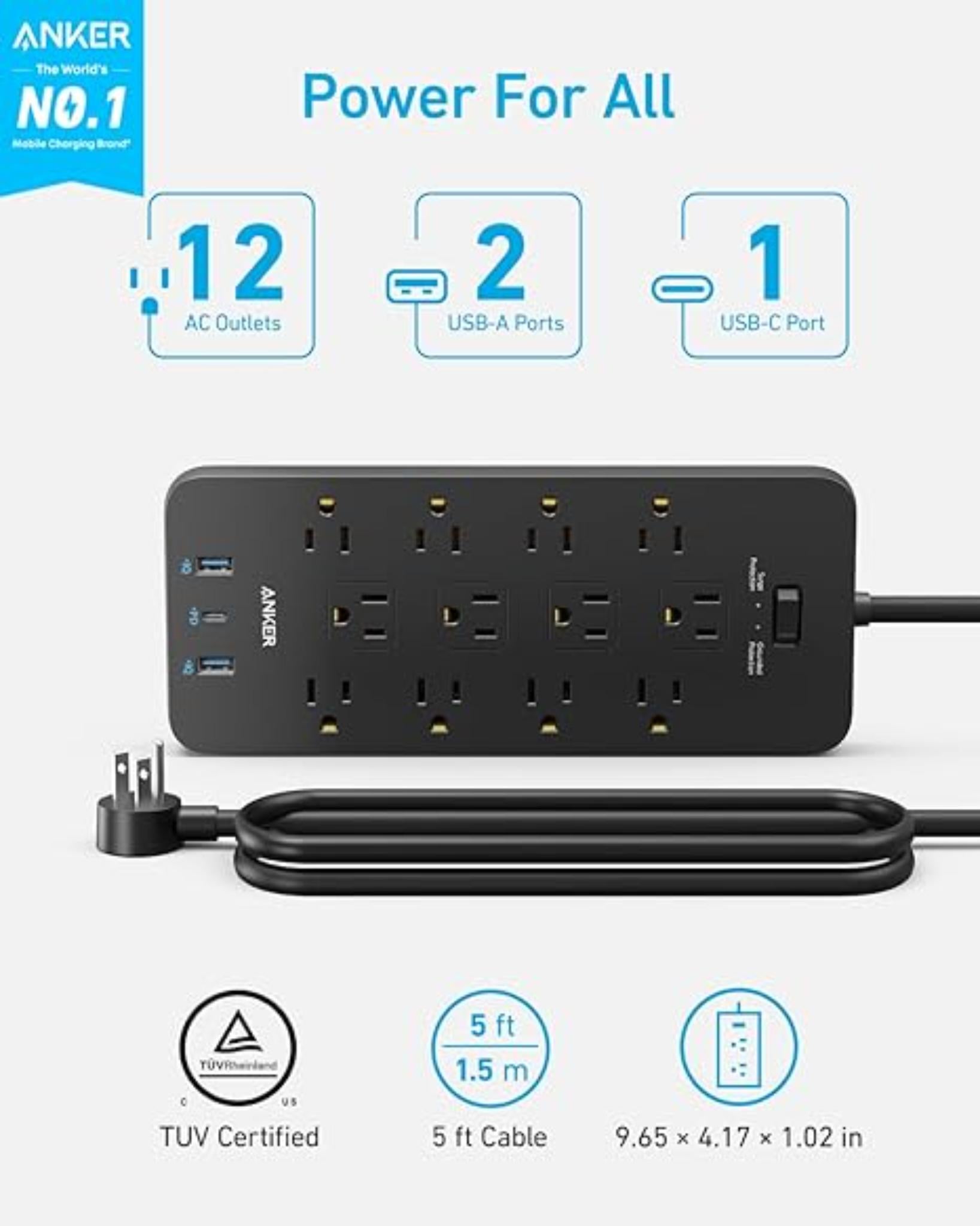 Power Strip Surge Protector Extension Cord with USB Charging Ports 20W