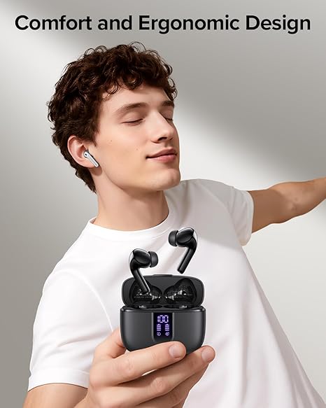 Wireless Bluetooth Earbuds LED Display 60H Playback Waterproof Charging Case Black