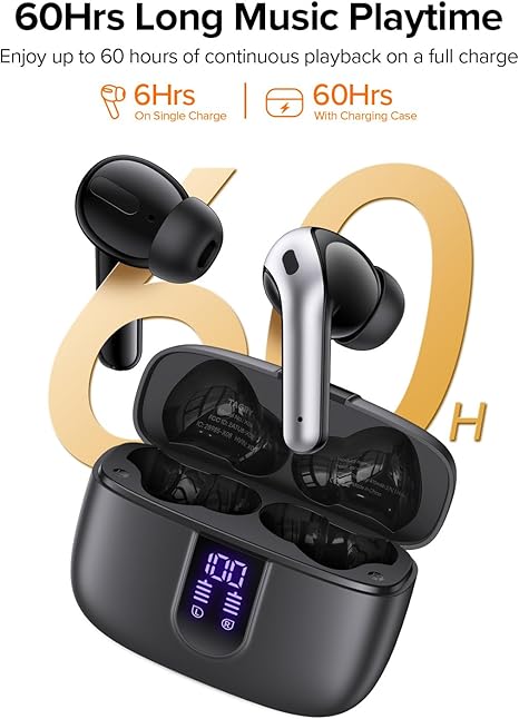 Wireless Bluetooth Earbuds LED Display 60H Playback Waterproof Charging Case Black