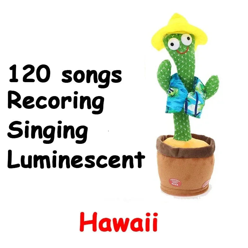 Toy cactus with a yellow hat and blue shirt, featuring text about song recording and luminescence.