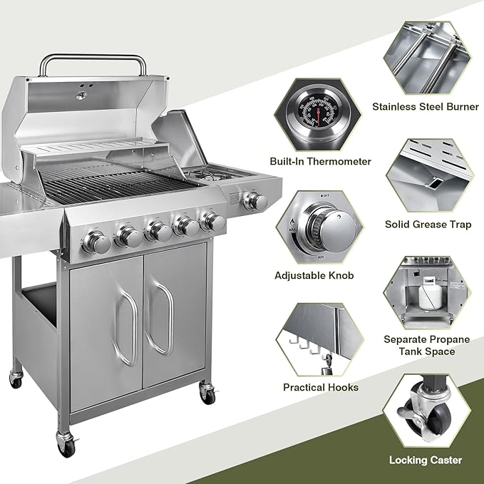 Bestfire 5-Burner Propane Gas Grill Stainless Steel Outdoor BBQ Professional Cooker