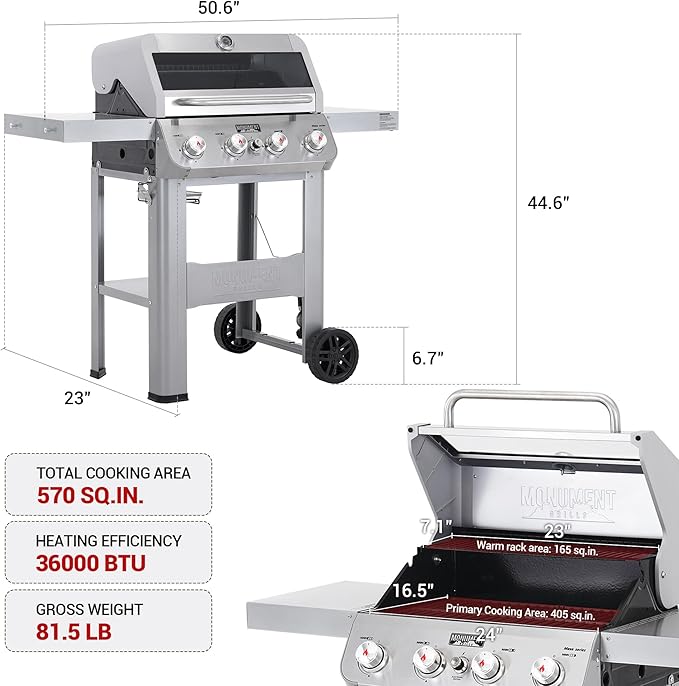 Monument 4-Burner Propane Gas Grill Stainless Steel Outdoor Barbecue Cooking Station