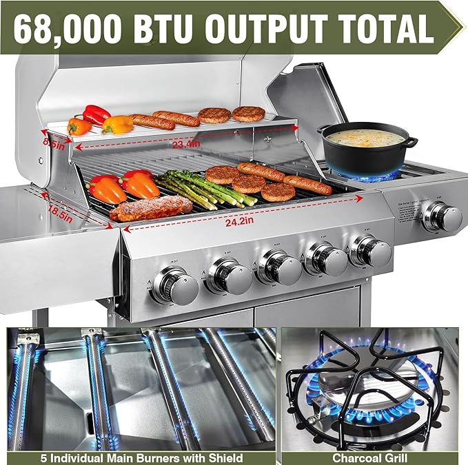 Bestfire 5-Burner Propane Gas Grill Stainless Steel Outdoor BBQ Professional Cooker