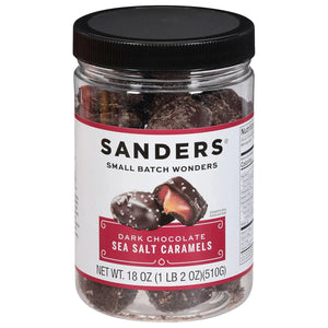 Jar of Sanders Dark Chocolate Sea Salt Caramels on a white background