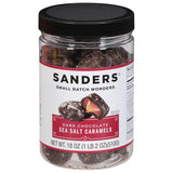 Jar of Sanders Dark Chocolate Sea Salt Caramels on a white background