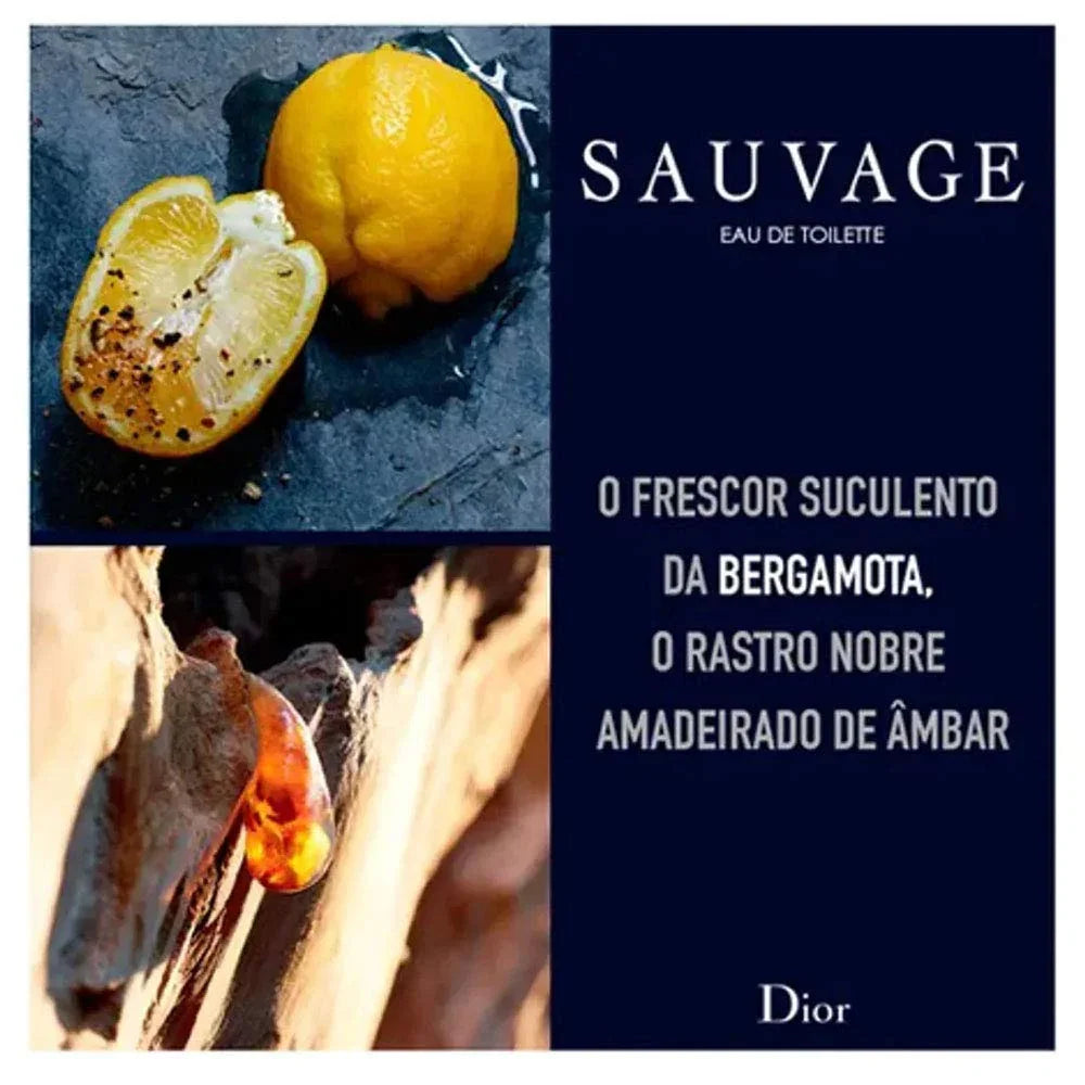 Advertisement for Dior Sauvage eau de toilette featuring bergamot and amber.