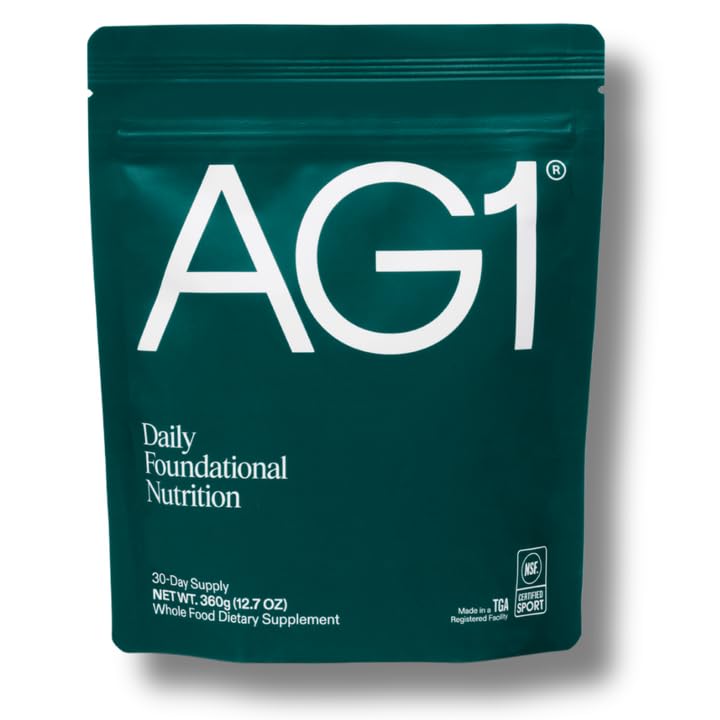 AG1 supplement package on a white background
