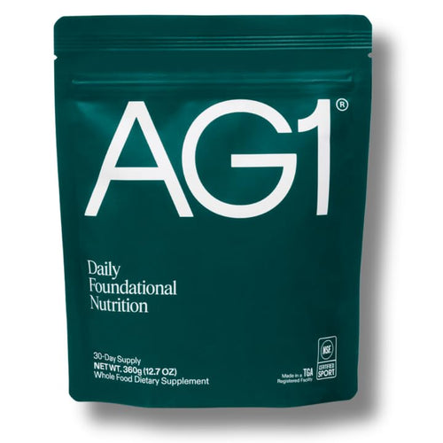 AG1 supplement package on a white background