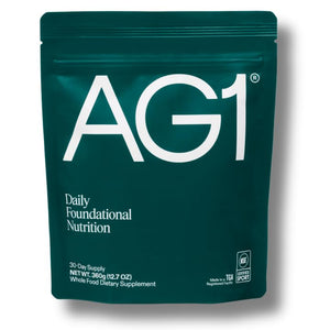 AG1 supplement package on a white background