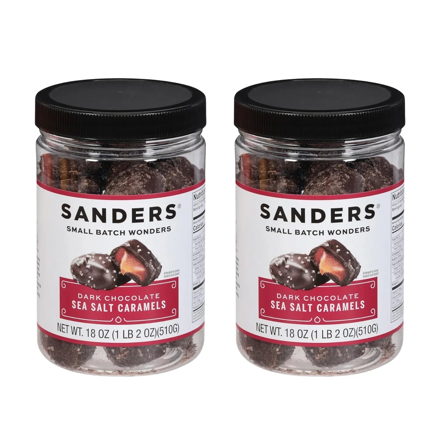 Two jars of Sanders Dark Chocolate Sea Salt Caramels on a white background