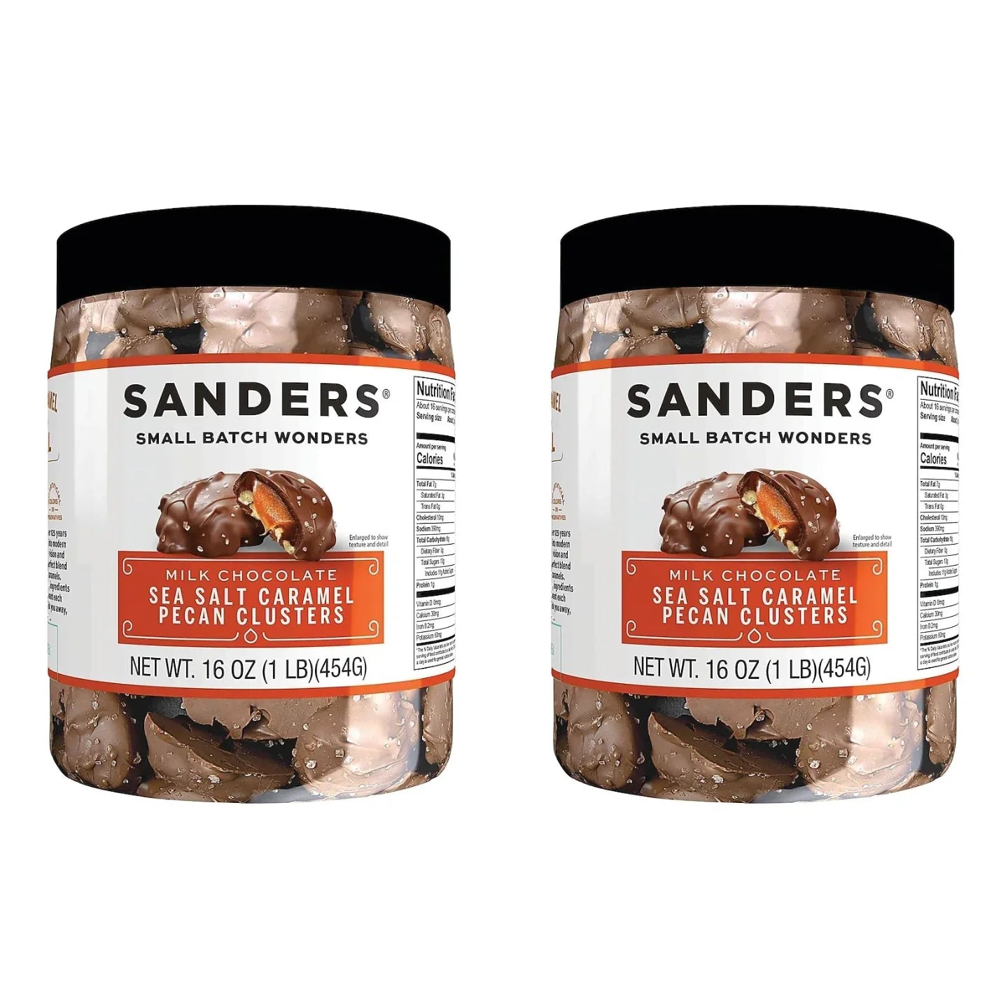 Two jars of Sanders Milk Chocolate Sea Salt Caramel Pecan Clusters on a white background