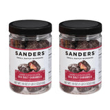 Two jars of Sanders Dark Chocolate Sea Salt Caramels on a white background